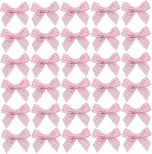 7Rainbows 50pcs Boutique Mini Pink Gingham Ribbon Bows Appliques DIY Craft for Sewing Scrapbooking Wedding and Gift...