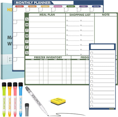 White Board Dry Erase Calendar: Weekly Menu Board Meal Planner Magnetic and Monthly Calendar for Fridge with Reusable Whiteboard Checklist, Dry Er...