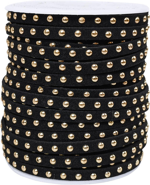 20 Yards Black Studded Faux Suede Cord Lace 5mm Flat Faux Leather Strip Ribbon with Aluminum Rivets Micro Fiber Braiding Leather String for DIY Je...
