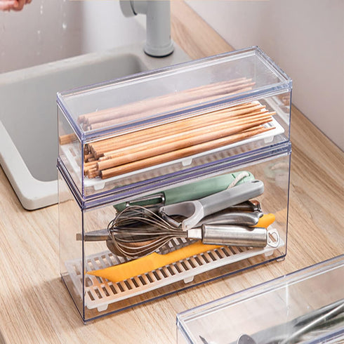 Large Transparent Flatware Tray Kitchen Drawer Organizer With Lid and Drainer - Plastic Kitchen Cutlery Tray and Utensil Storage Container with Co...