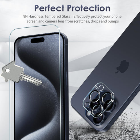 Tempered Glass Compatible with iPhone 15 Pro Screen Protector 6.1'', 3 Pcs Screen Protector + 2 Pcs Camera Lens Protector, [Not for iPhone 15 Pro ...