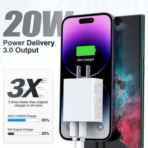 USB C Wall Charger Block 20W, 3-Pack Dual Port PD Power Delivery Fast Type C Charging Block Plug Adapter for iPhone 13/12/11 /Pro Max, XS/XR/X, iP...