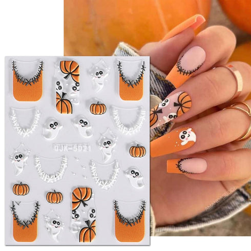 JMEOWIO 3D Embossed Halloween Nail Art Stickers Decals Self-Adhesive Pegatinas Uñas 5D Cute Pumpkin Ghost Flower Spook Nail Supplies Nail Art Desi...