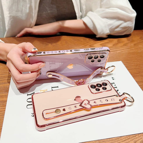 Case for Samsung Galaxy A52 Women Girl,Luxury Bling Cute Plating Hearts Soft Cover with Strap Kickstand,Full Camera Lens Protection Electroplate R...