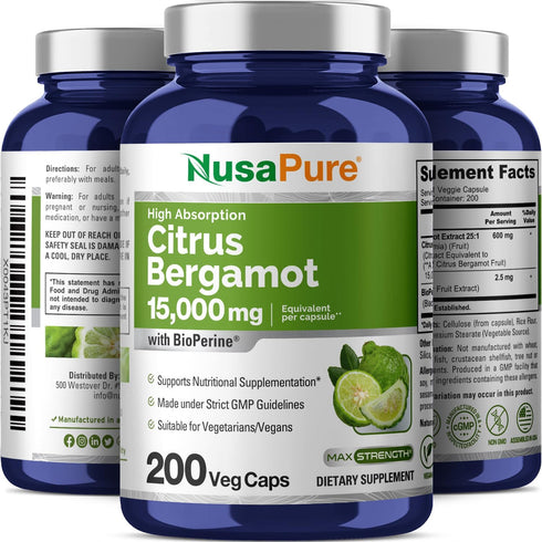 NusaPure Citrus Bergamot Capsules 15,000mg, 200 Capsules - 25:1 Bergamot Extract - 200 Servings, Bioperine, Vegan, Non-GMO...