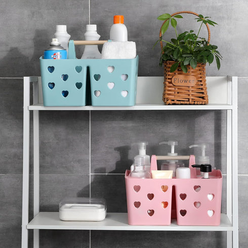 Anyoifax Portable Shower Caddy Plastic Basket with Wood Handle Divided Shower Tote Storage Organizer with Compartments for Bathroom, College Dorm,...