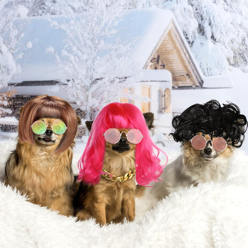 3 Pieces Dog Cosplay Wig, Cat Wigs, Dog Cosplay Costumes Accessories Include 3 Pieces Retro Pet Round Sunglasses and 1 Pieces Dog Chain Necklace, ...
