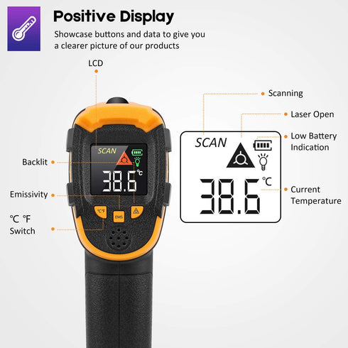 Infrared Thermometer Non-Contact Digital Laser Temperature Gun -58??1112?(-50??600?) Adjustable Emissivity IR Temp Gun - for Cooking, BBQ, Food, F...