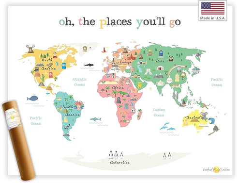 Oh the Places you'll Go Illustrated Kids World Map (24x17”) - Vibrant Educational World Map for Kids Wall Decor with Global Animals and Landmarks...