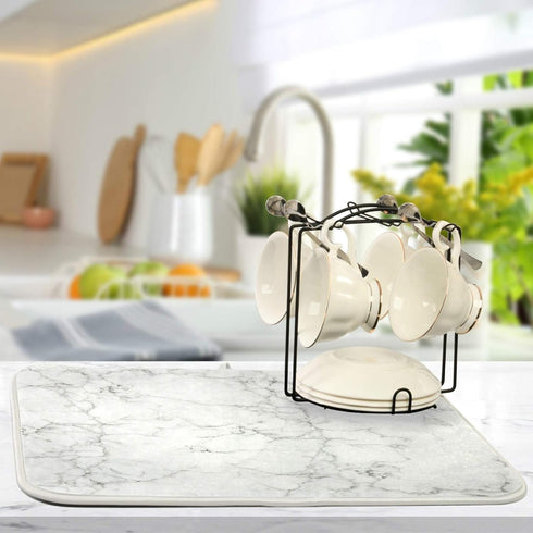 White Marble Dish Drying Mat Kitchen Counter Gold Absorbent Microfiber Drying Rack Pads 16x18 inch for Countertop Dishes Large Drain Mats and Prot...