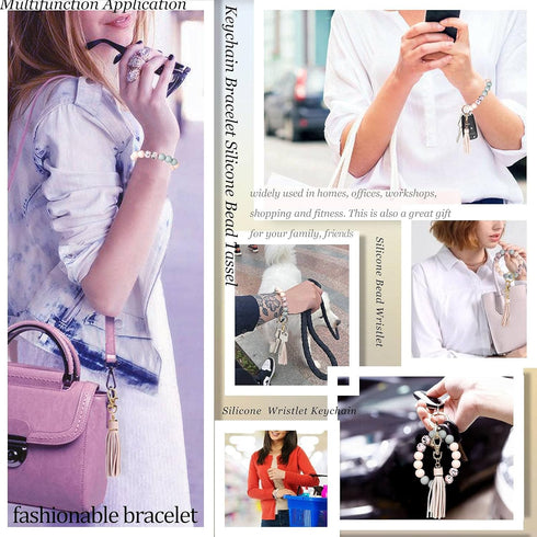 BIHRTC Keychain Bracelet Silicone Key Ring Wristlet with Leather Tassel Wrist Key Ring Bangle Silicone Bead keyring for Women Girls...