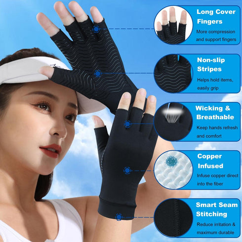 2 Pairs Copper Arthritis Gloves for Carpal Tunnel Pain Relief, Compression Gloves to Alleviate Hand Pain,Swelling,Fingerless Typing Gloves for Rhe...