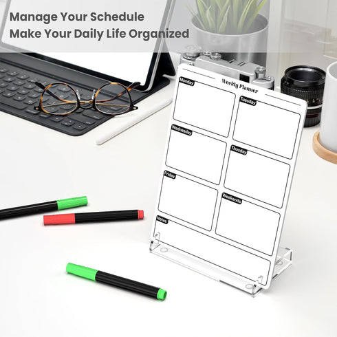 Acrylic Planning Board with Storage Base, Mini Whiteboard for Desk, Small Dry Erase Board with Weekly Planner Menu, Reusable Desk Notepad for Home...