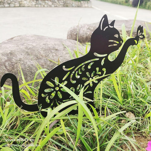 Cat Hollow Silhouette Stakes Iron Art Pile Plug-in Posts Standing Statue Garden Decoration Ornaments for Yard Lawn...