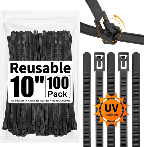 SOOOEC 100 Pack Reusable Zip Ties 10 inch Heavy Duty Outdoor UV Resistant, Releasable Black Zip Ties Indoor Round Ending No Hurt, Cable Ties Reusa...