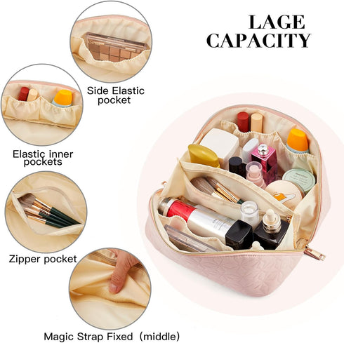 Telena Makeup Bag Large Capacity Travel Cosmetic Bag Portable Lightweight Makeup Organizer Bags for Women with Handle and Divider Open Flat Light ...