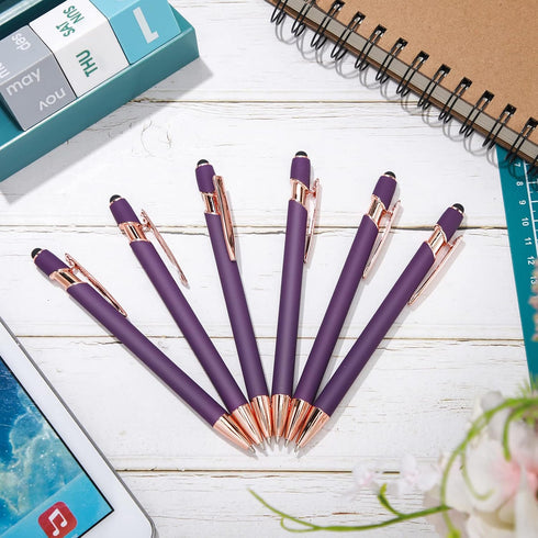 12 Pieces Ballpoint Pen with Stylus Tip, 1.0 mm Black Ink Metal Pen Stylus Pen for Touch Screens, 2 in 1 Stylus Ballpoint Pen (Purple and Rose Gol...