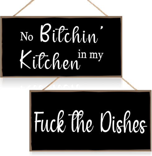 Jetec 2 Pieces Funny Kitchen Signs the Dishes Hanging Wall Art Decoration No Bitchin in My Kitchen Rustic Wooden Wall Signs Decorative Wood Home D...