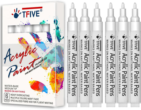 White Acrylic Paint Marker Pens - 2-3mm Medium Tip, 6 Pack Permanent White Water Based Paint Pen for DIY Projects, Paintings for Rock, Fabric, Woo...