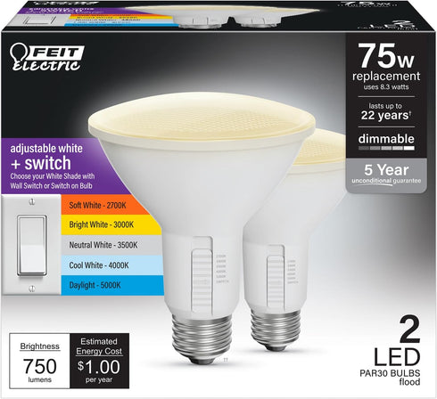 Feit Electric PAR30 LED Light Bulb, 75W Equivalent, Dimmable, Color Selectable 6-Way, E26 Medium Base, 90 CRI, 750 Lumens, Damp Rated Flood Light ...