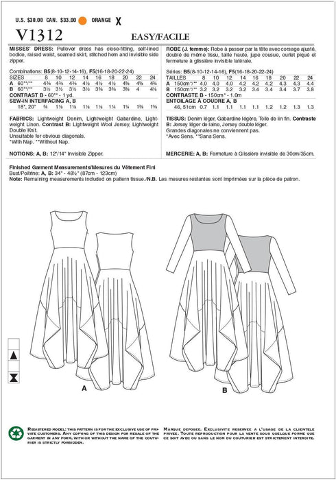 VOGUE PATTERNS V1312F50 Misses' Dress Sewing Pattern, Size F5 (16-18-20-22-24)...