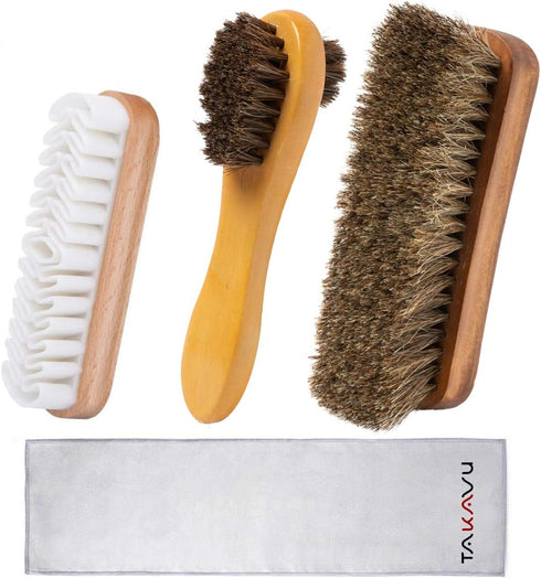 TAKAVU Shoe Shine Brushes Kit (4PCS) - 100% Soft Horsehair Bristles Brush, Polish Applicator, Crepe Suede Shoes Brush, Microfiber Buffing Cloth fo...