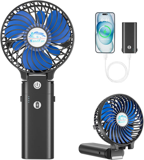 HandFan 5200mAh Portable Handheld Fan Rechargeable with Power Bank-3 Speeds Foldable Personal Cooling, 2-IN-1 Hand Held Fan Battery Operated, 20H ...