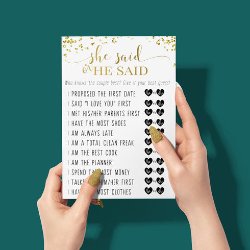 Black and Gold Bridal Shower Games - 25 Cards - He Said She Said Bridal Shower Game, What Did the Bride and Groom Say Guess Who Wedding Activity -...