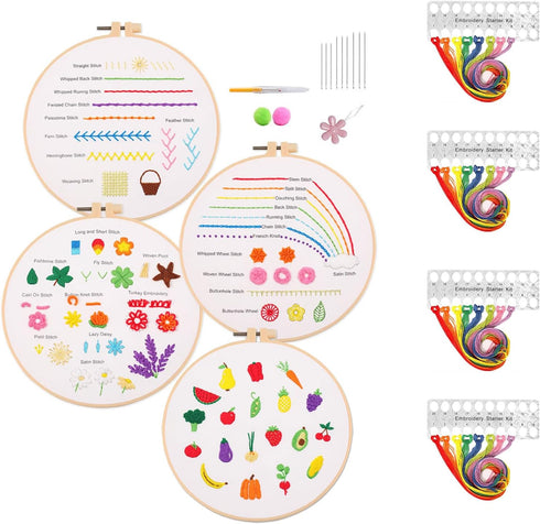 Beginner's Embroidery Stitch Practice Kit, 3 Flora and Fauna Embroidery Kits to Learn 30 Different Stitches, Includes Embroidery Hoop and Floss, w...