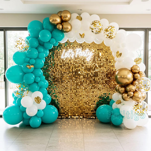 Teal Balloon Garland Kit with Gold Butterflies – Turquoise, Blue and Green, White & Gold Balloons in 18", 12", 5" Sizes – for Graduation, Baby Sho...