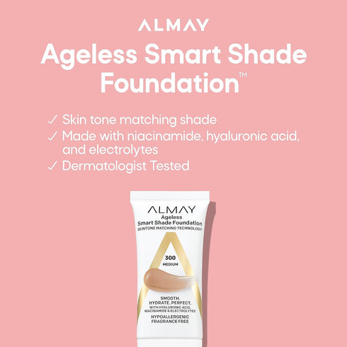 Almay Anti-Aging Foundation, Smart Shade Face Makeup with Hyaluronic Acid, Niacinamide, Vitamin C & E, Hypoallergenic-Fragrance Free, 300 Medium, ...
