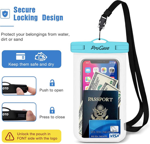 ProCase Waterproof Phone Pouch for iPhone 16 15 14 13 12 11 Pro Plus Max Mini Xs XR X 8 7 Galaxy S23 S22 S21 Ultra Note, Blue Green Pink Yellow | ...
