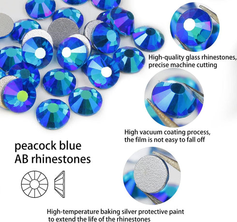 Genie Crystal 1440 Pcs Peacock Blue AB Rhinestones Flatback SS 20, 5 mm 10 Gross Pack Blue Zircon Aurora Borealis Glass Glue on Rhinestone for Tum...