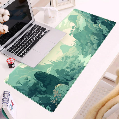 Cute Pastel Mint Green Forest Sage Desk Mat Anime Large Gaming Mouse Pad XL, Aesthetic Sunrise Laptop Computer Keyboard Mouse Mat, Women Office De...