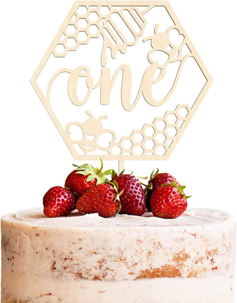 Huray Rayho Bumble Bee One Cake Topper for First Birthday 1st Honey Bee Theme Party Decoration Honeycomb Wood Cake Topper Bee Cake Supplies...
