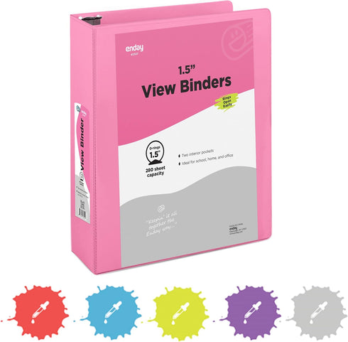 3 Ring Binder 1.5 Inch Pink, 1 ½ inch Binder Clear View Cover with 2 Inside Pockets, Colored School Supplies Office and Home – by Enday...