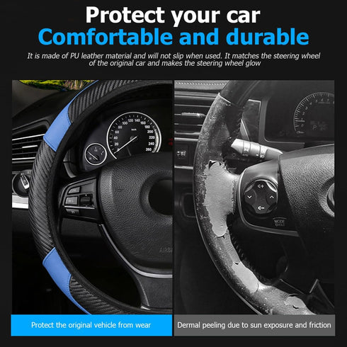 Car Steering Wheel Cover, Anti-Slip Breathable Auto Steering Wheel Protector for Women Men, Leather Carbon Fiber Vehicle Interior Accessories, 15 ...