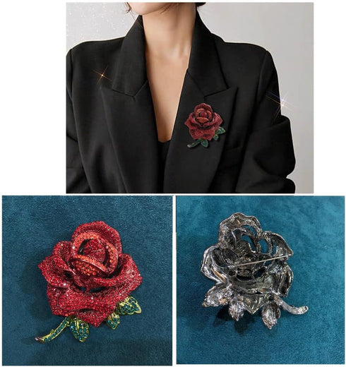 Rhinestone Rose Flower Brooch Pin for Women Men Fashion Red Green Crystal Big Leaf Brooch Lapel Pins Elegant Dress Accessories Jewelry Boutonniere...