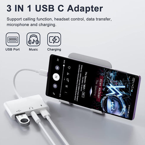 USB C to USB Adapter, 3 in 1 USB C to USB A OTG Adapter with 3.5mm Headphone Audio Jack and Fast Charging Port, USB-C Splitter Compatible with Mos...
