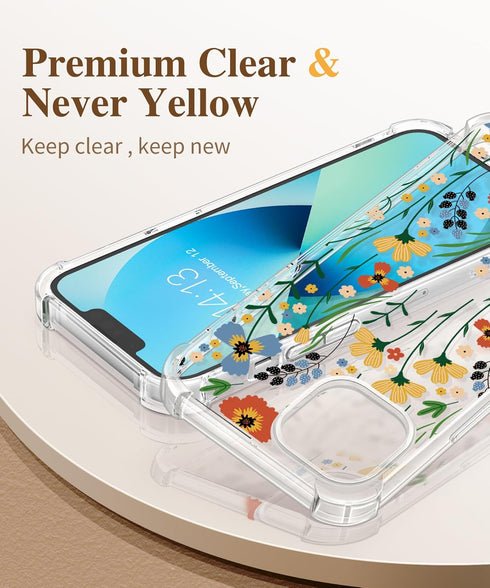 GVIEWIN Designed for iPhone 13 Case 6.1 Inch, with Tempered Glass Screen Protector + Camera Lens Protector Clear Flower Soft & Flexible Shockproof...