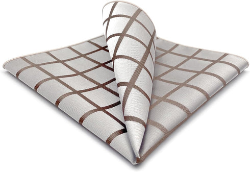 S&W SHLAX&WING Pocket Square for Men Suits Beige with Brown Satin Checks Prom Party Wedding...