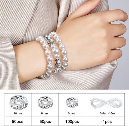TOAOB 200pcs Rondelle Spacer Beads 6mm 8mm 10mm Round Crystal Czech Loose Spacer Beads Silver Rhinestone Charms Beads with Elastic String for DIY ...