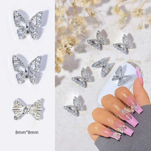 20Pcs Silver Butterfly Bow Nail Charms LRKNNO Shiny 3D Butterfly Nail Gems Charms for Nails Alloy Bows Nail Rhinestones Crystals Butterfly Nail Ar...