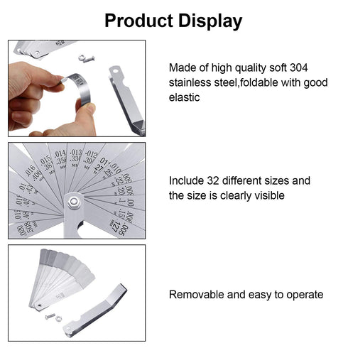 Stainless Steel Feeler Gauge Dual Marked Metric and Imperial Measuring Tool (0.005/0.127-0.02/0.508 mm, 16 Blades)...