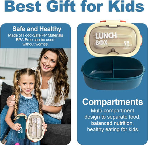 2 Pack Set Bento Box (29oz?and Water Bottle?16oz?for Kids/Adult, Bento Lunch Box with 3 Compartments and Utensils, Leak-Proof, Microwave/Dishwashe...