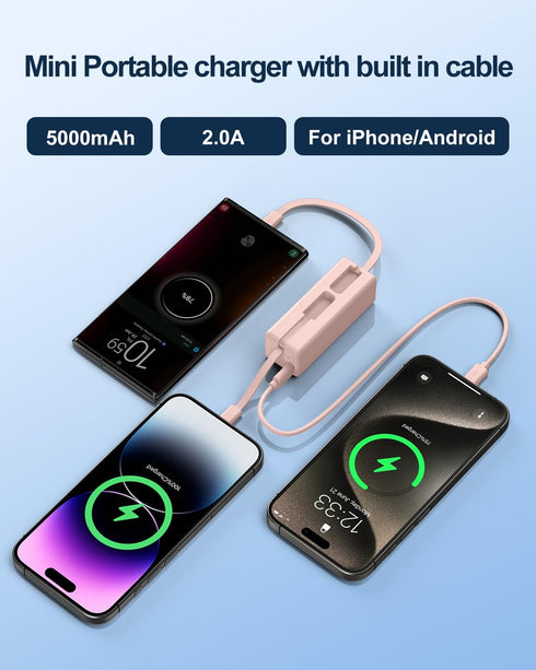 Mini Portable Charger Small Power Bank 5000mAh Battery Pack with Built-in USB C and LT Cables Ultra Compact Portable Charger for iPhone 15 14 13 1...