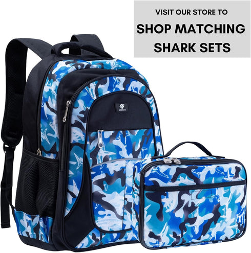 Fenrici Lunch Box for Boys, Kids Insulated Lunch Bag, Soft Sided Compartments, Spacious, BPA Free, Food Safe, 10.8in x 8.5in x 2.8in, Shark, Camo...