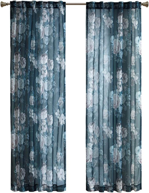 Madison Park Simone Floral Design Sheer Single Window Curtain Voile Privacy Drape for Bedroom, Livingroom, 50" x 95", Navy (MP40-6623)...
