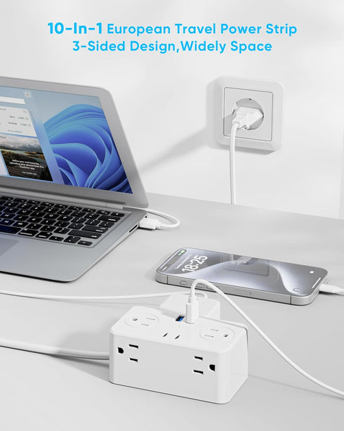 European Travel Plug Adapter, EU/UK/US Travel Plug Adapter Power Strip, 6 AC Outlets, 4 USB Ports (2 USB C), 3ft Wrapped Around Extension Cord, Co...