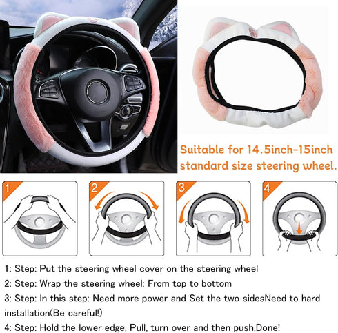 Car Steering Wheel Cover, Fluffy Soft Plush for Winter Warm, Cute Steering Wheel Protector with Kitty Cat Ears, Universal 15 Inch, Elastic & Anti-...